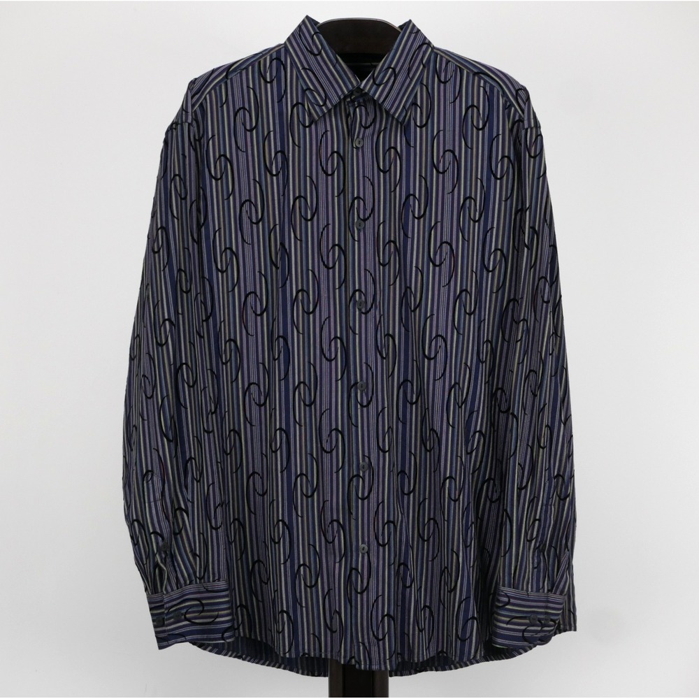 Jhane Barnes Mens XL Silk Rayon Striped Velvet Flocked Button Down Shirt Blue